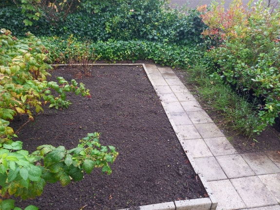 Flisebelagt gang omgivet af frodig grøn beplantning og klippede buske. Perfekt eksempel på professionel brolægning til haveområder.